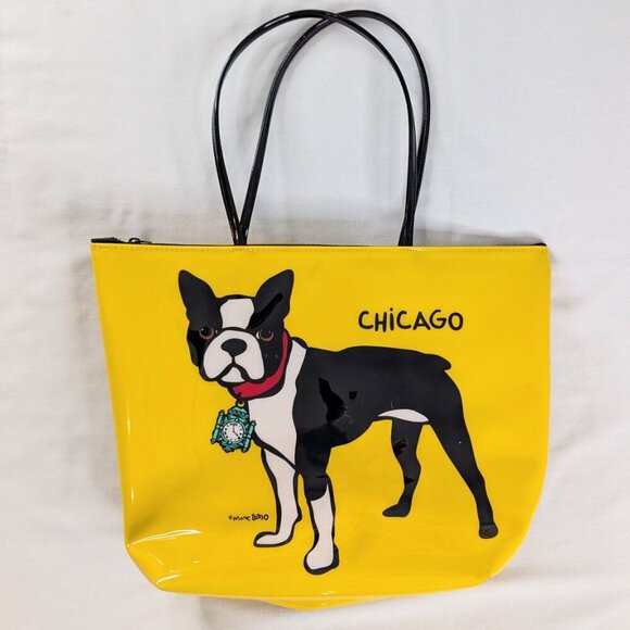Marc Tetro Yellow Boston Terrier Chicago The Great Clock Graphic Tote Bag - Picture 1 of 8